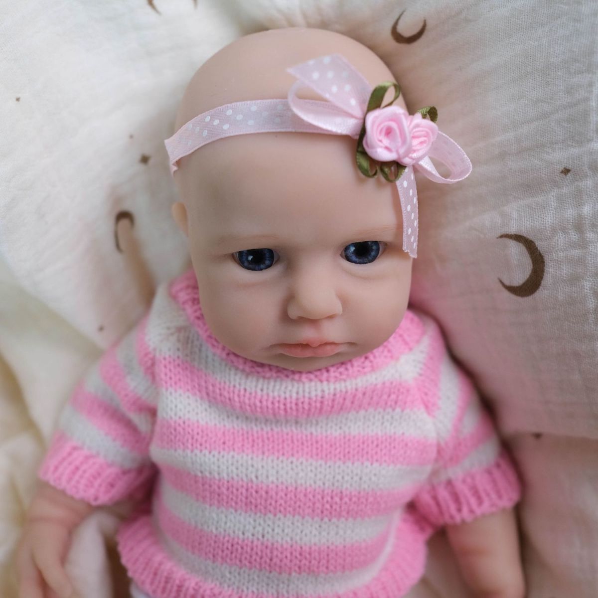 Lulu May 20cm Full Solid Silicone Reborn Baby Doll, Stretchable Limbs, Pink Striped Knit Outfit Included
