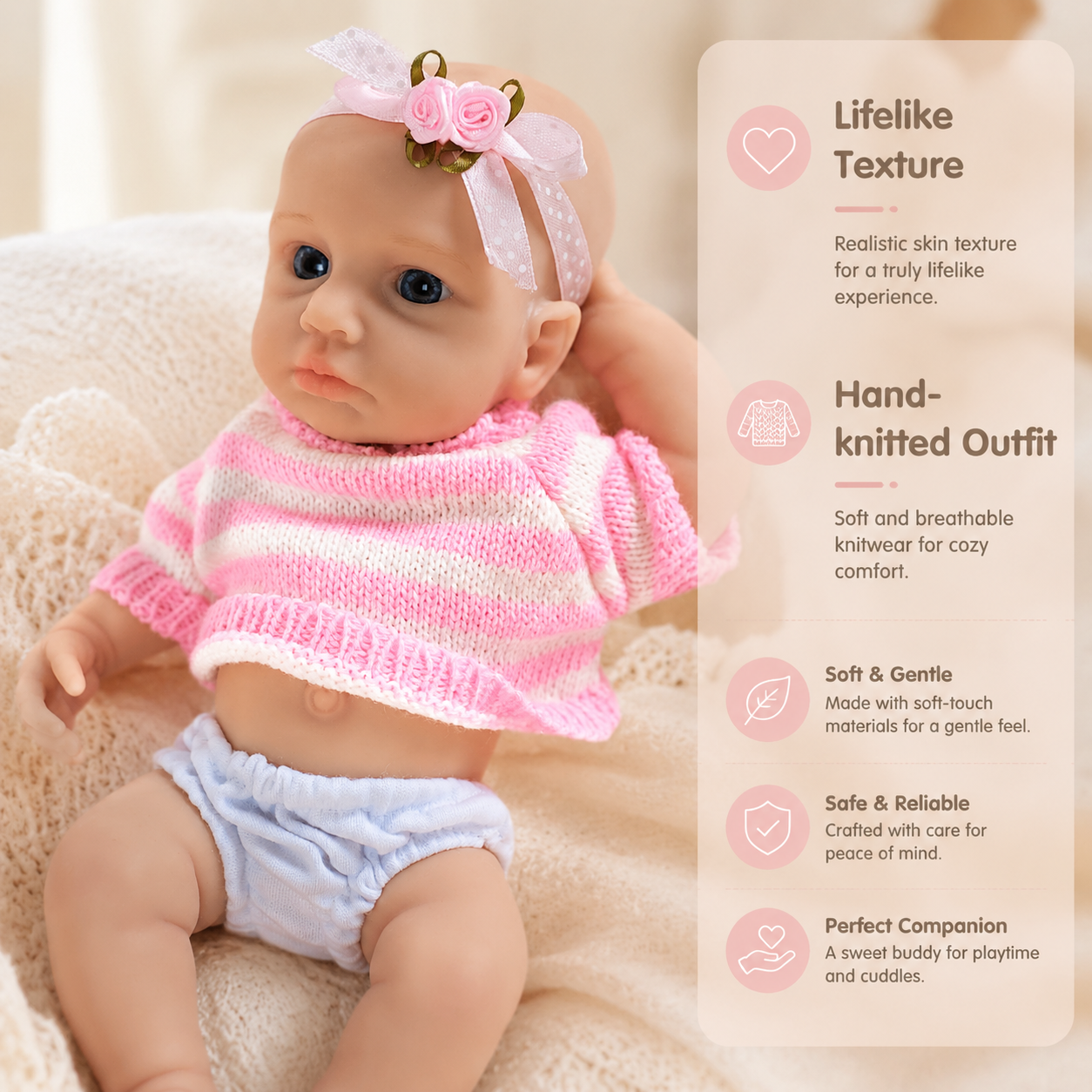 Lulu May 20cm Full Solid Silicone Reborn Baby Doll, Stretchable Limbs, Pink Striped Knit Outfit Included