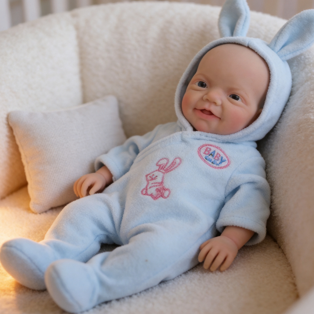 Blue Bunny 20cm Full Solid Silicone Reborn Baby Doll, Cute Hooded Rabbit Outfit Included