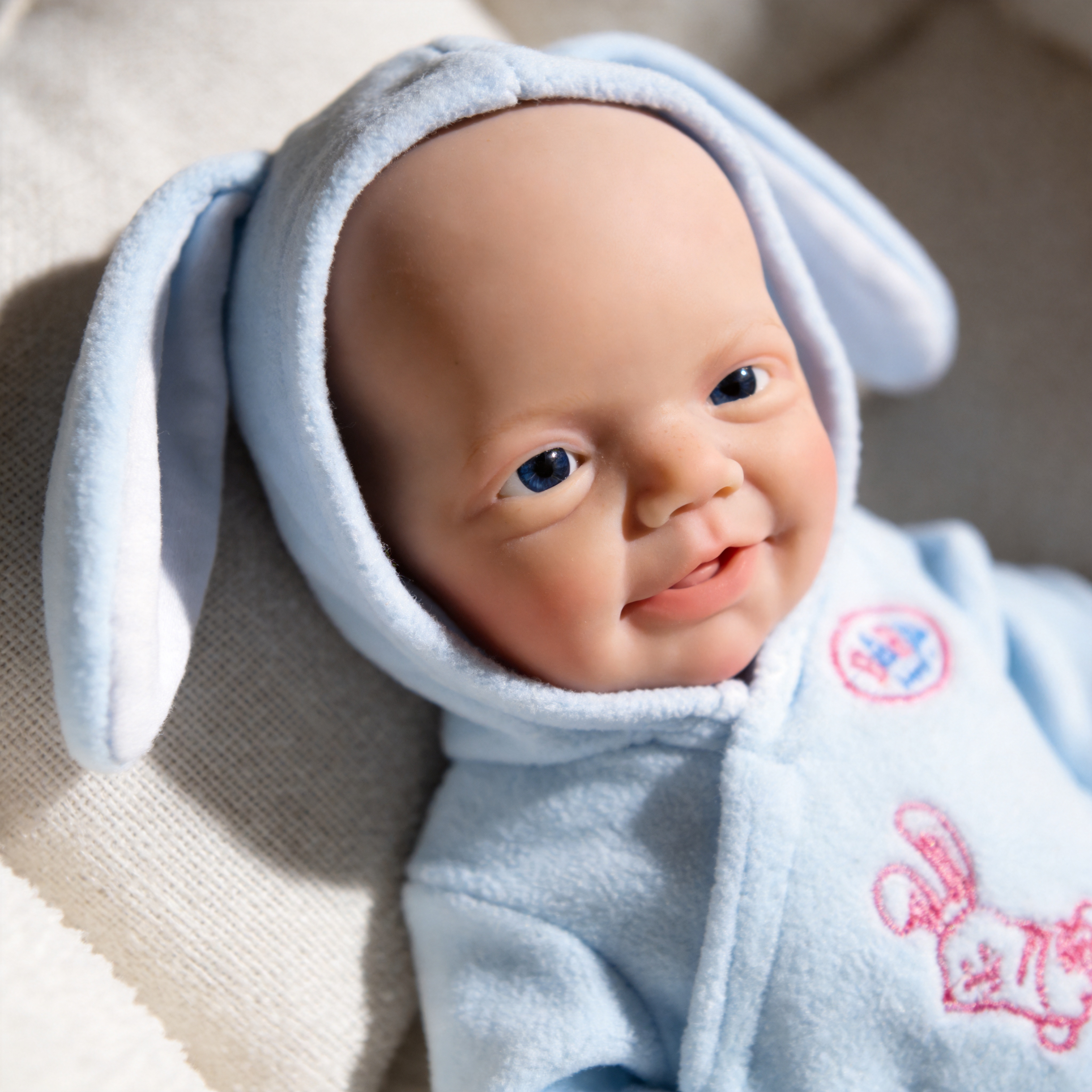 Blue Bunny 20cm Full Solid Silicone Reborn Baby Doll, Cute Hooded Rabbit Outfit Included