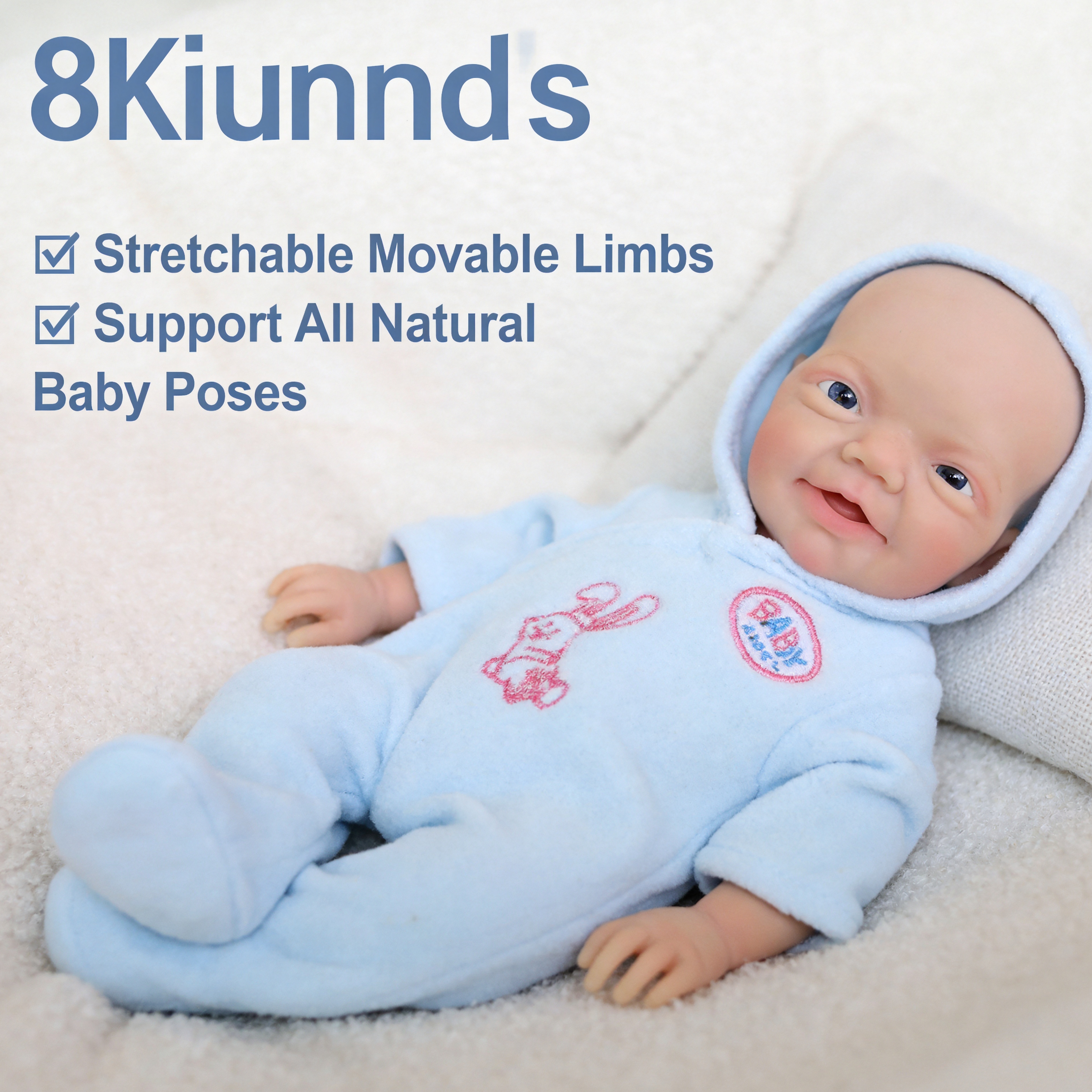 Blue Bunny 20cm Full Solid Silicone Reborn Baby Doll, Cute Hooded Rabbit Outfit Included