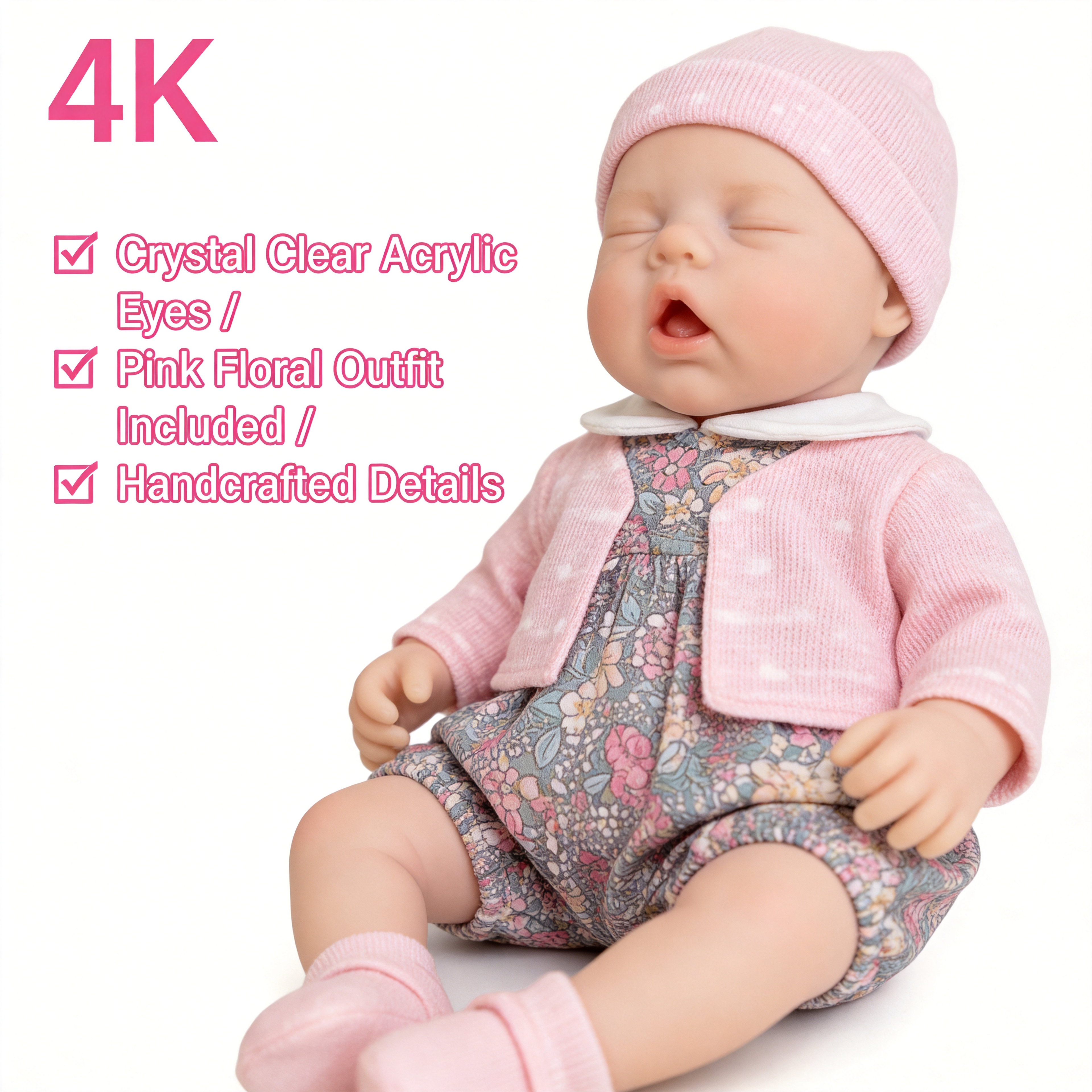 Lily Anne 12" Full Solid Silicone Open-Eye Reborn Baby Doll, Pink Floral Romper Outfit Included