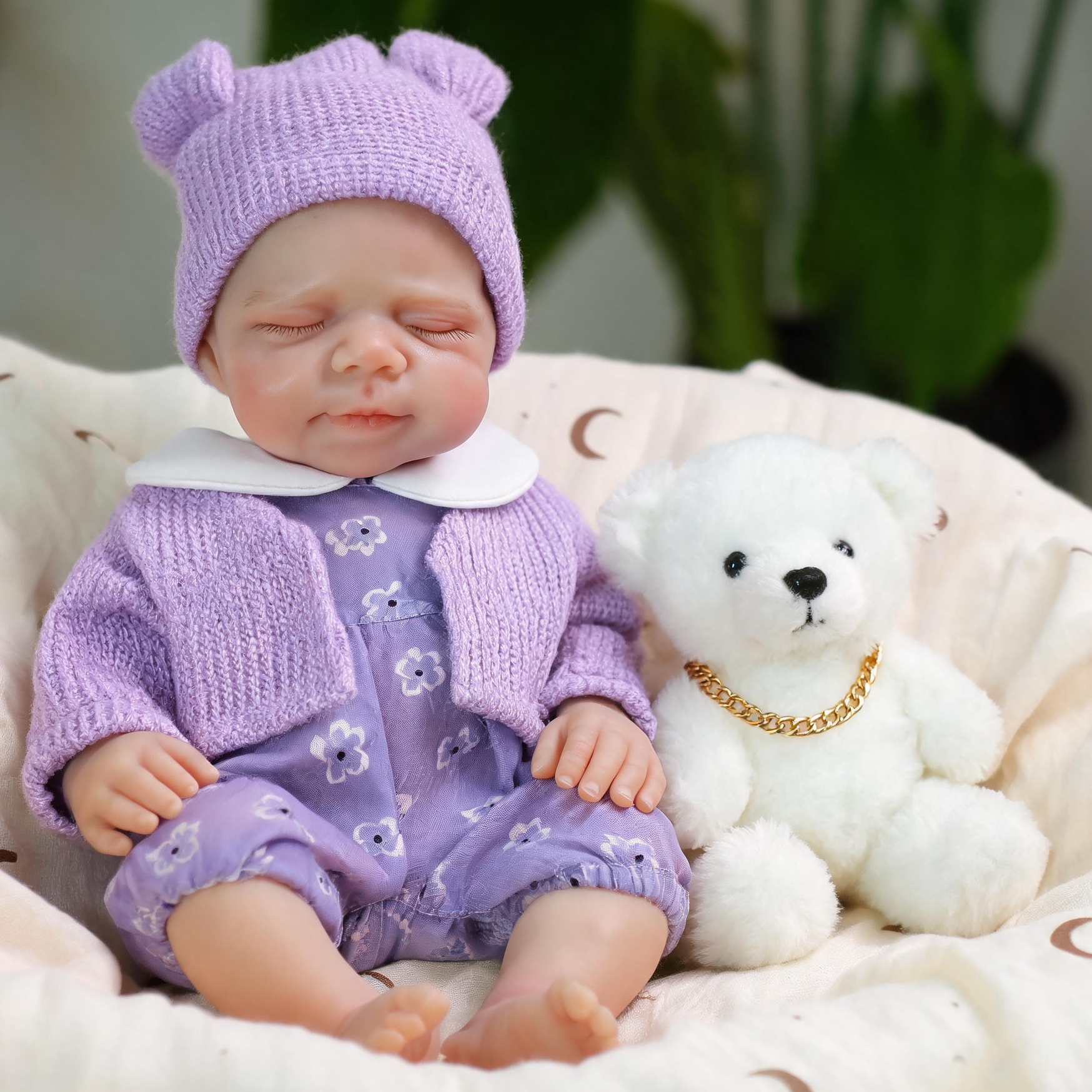 Lavender Bloom 12" Full Solid Silicone Open-Mouth Sleeping Reborn Baby Doll ✨ Stretchable Limbs, Washable, Purple Floral Knit Outfit Included