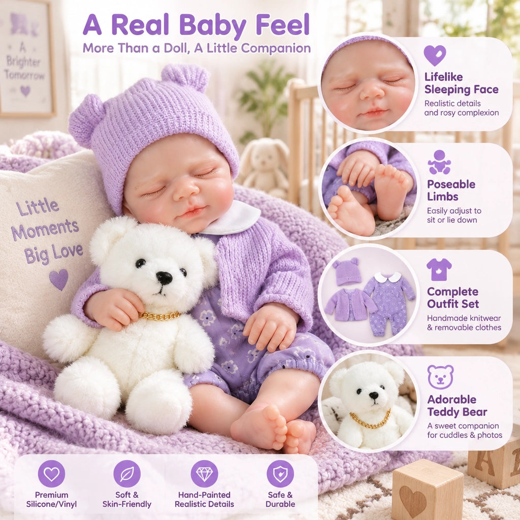 Muñeca bebé reborn "Lavander Bloom" de silicona maciza de 12" con boca abierta y durmiendo ✨ Extremidades elásticas, lavable, incluye conjunto de punto floral morado