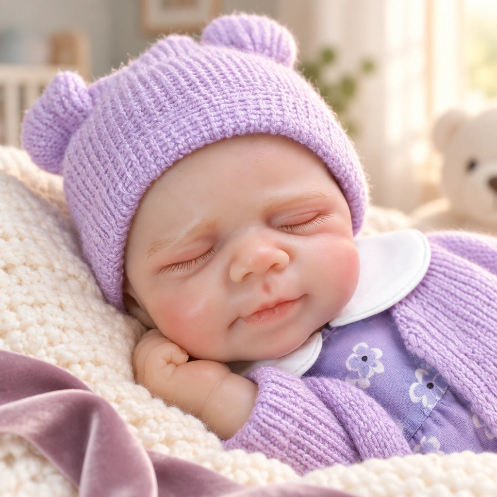 Muñeca bebé reborn "Lavander Bloom" de silicona maciza de 12" con boca abierta y durmiendo ✨ Extremidades elásticas, lavable, incluye conjunto de punto floral morado