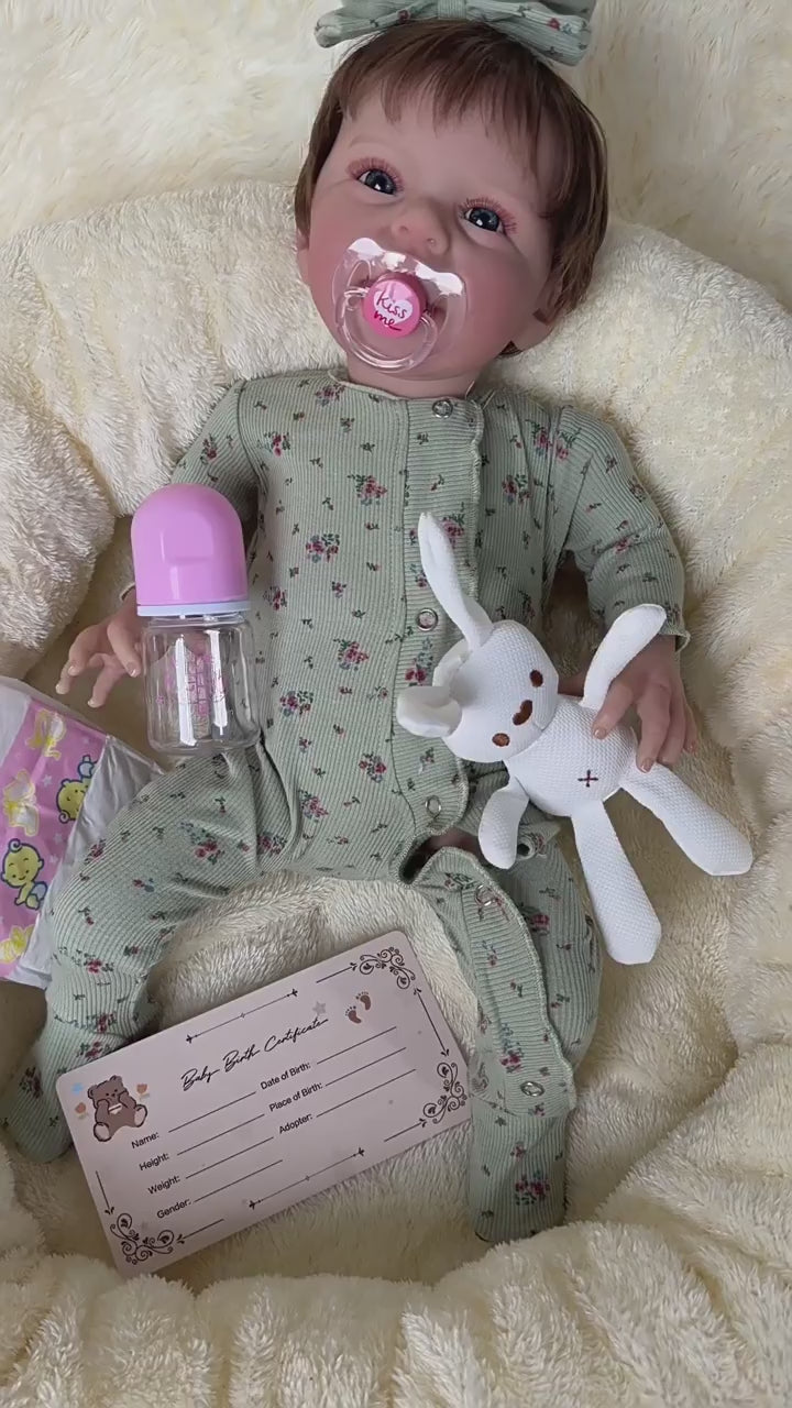 Ivy –  Reborn Baby Girl Doll 18" Open Eyes Blue Eyes Brown Hair Weighted Realistic Lifelike Gift [Ships Within 48 Hours]