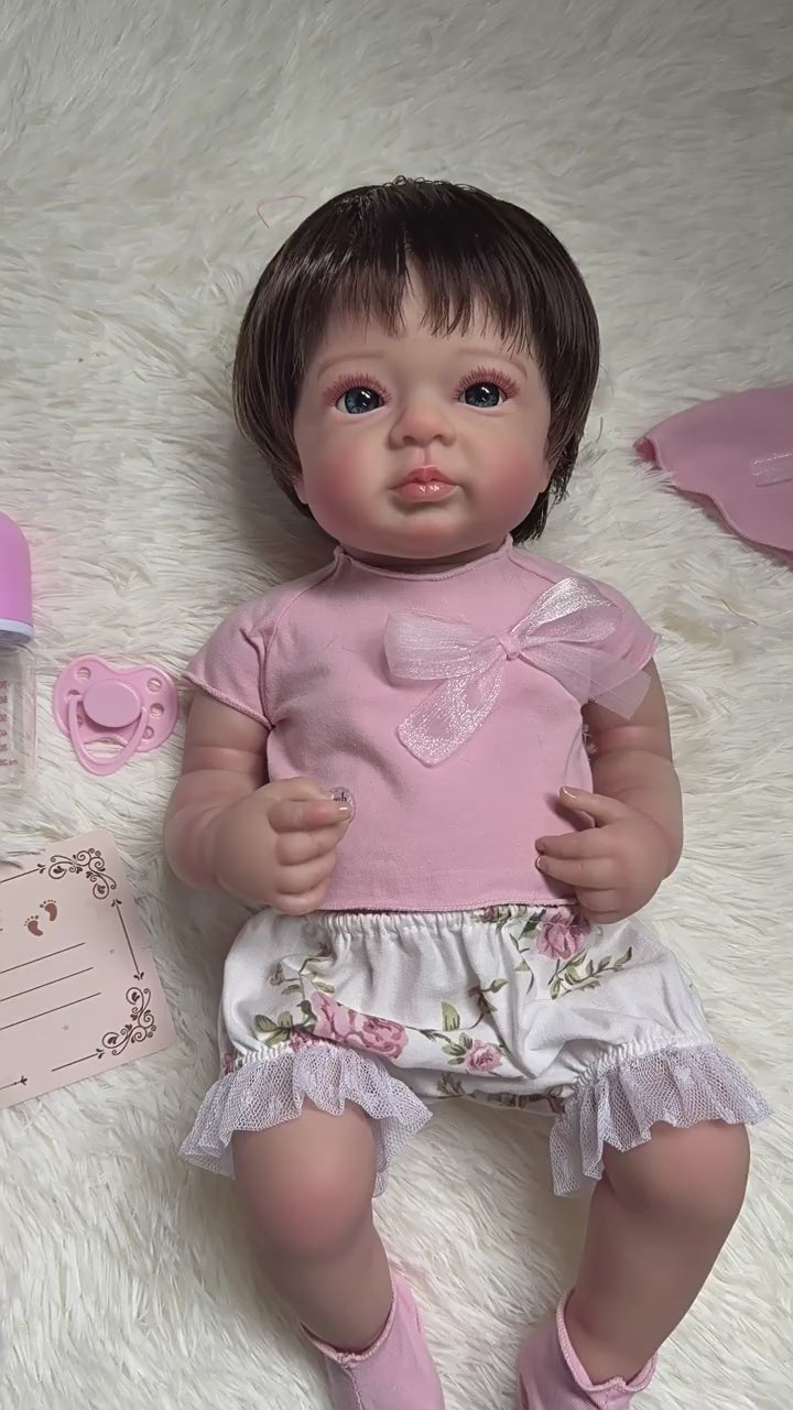 Lily – Reborn Baby Girl Doll 18" Open Eyes Blue Eyes Brown Hair Weighted Realistic Lifelike Gift [Ships Within 48 Hours]